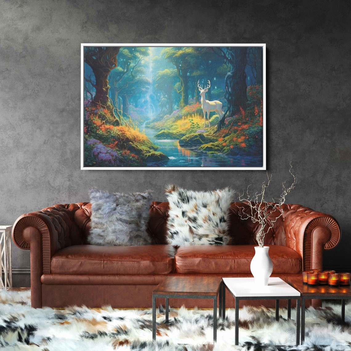 Mystical White Stag Magical Forest Stream Waterfall Fantasy Art Poster
