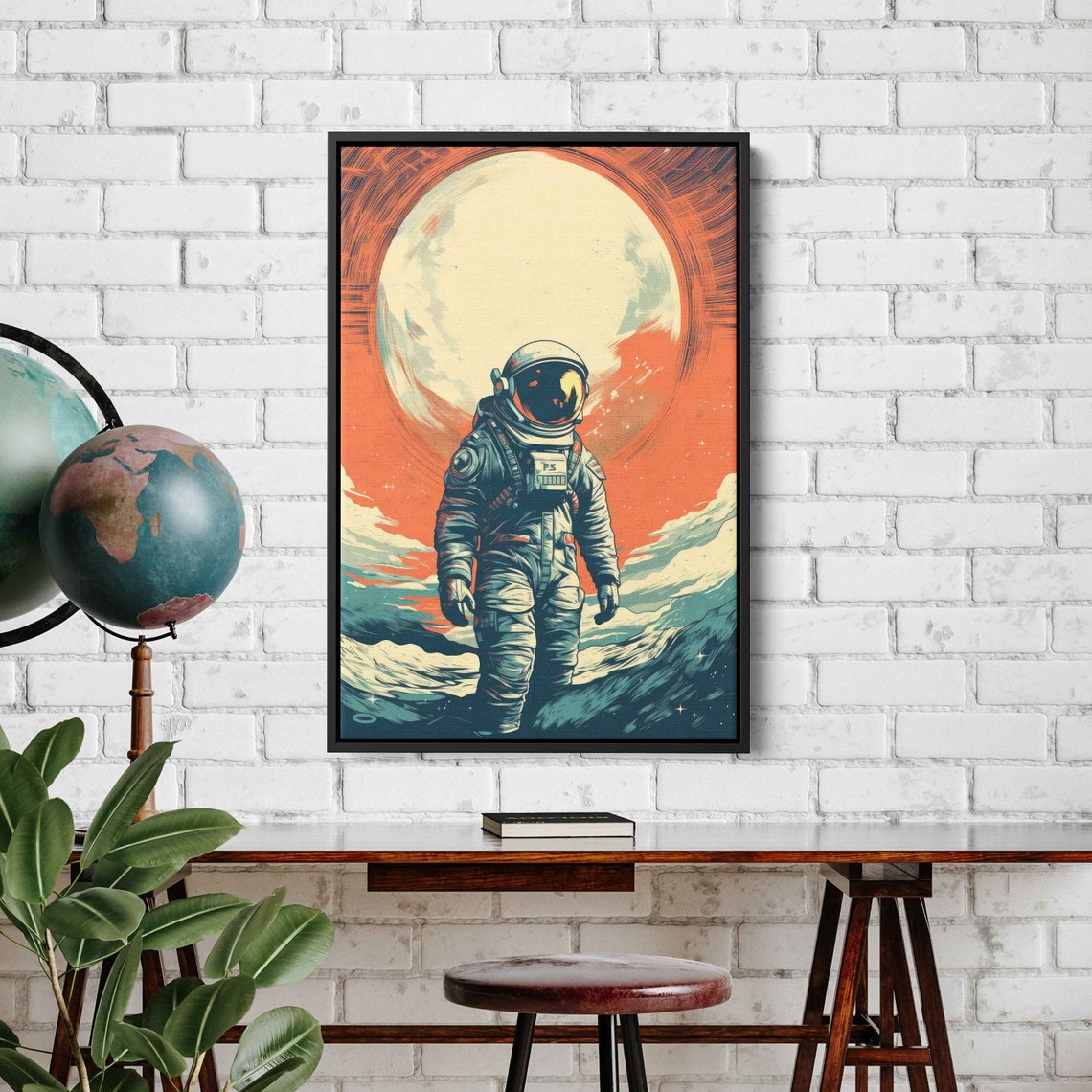 Retro Astronaut Moon Surface Giant Orange Sun Vintage Space Art Print