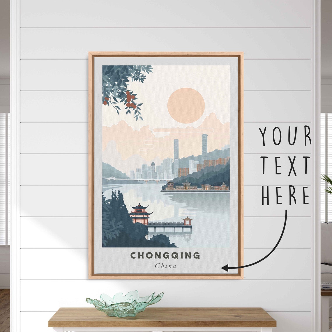 Chongqing China Riverside Pavilion Skyline Minimalist Travel Poster