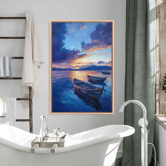 Lake Titicaca At Dusk Wall Art Print Traditional Boats Vibrant Sunset Colors