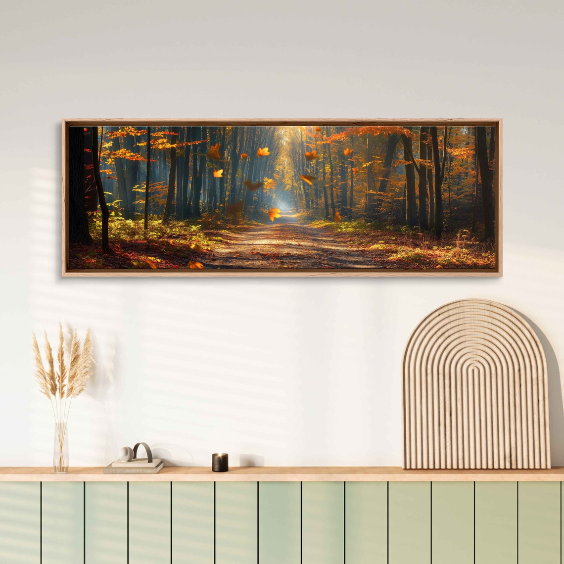 Serene Autumn Forest Path With Falling Leaves Panoramic Nature Poster