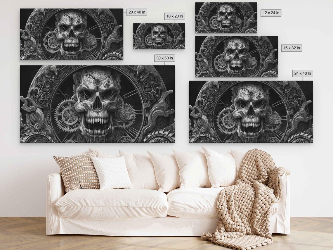 Gothic Skull Clock Steampunk Gears Monochrome Ink Art Halloween Poster - Image 2