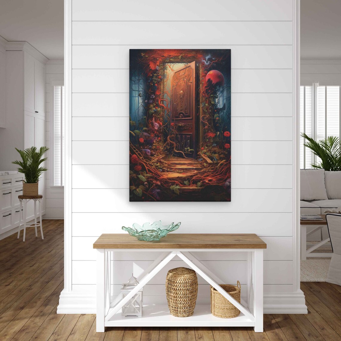 Glowing Carved Door Red Vines Blooms Magical Fantasy Art Print - Image 3