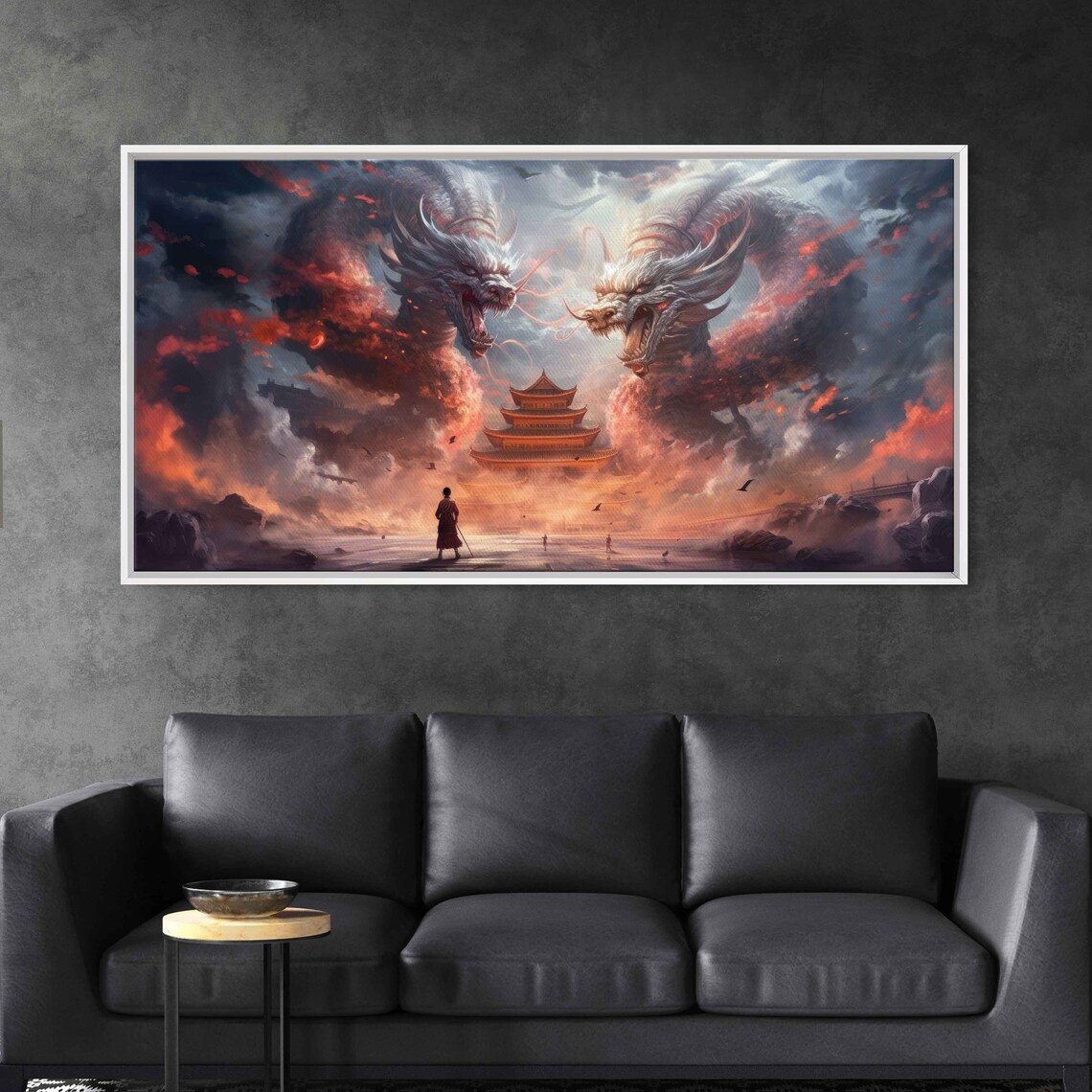 Twin Dragons Japanese Building Painting Framed Print Ready To Hang - Image 3
