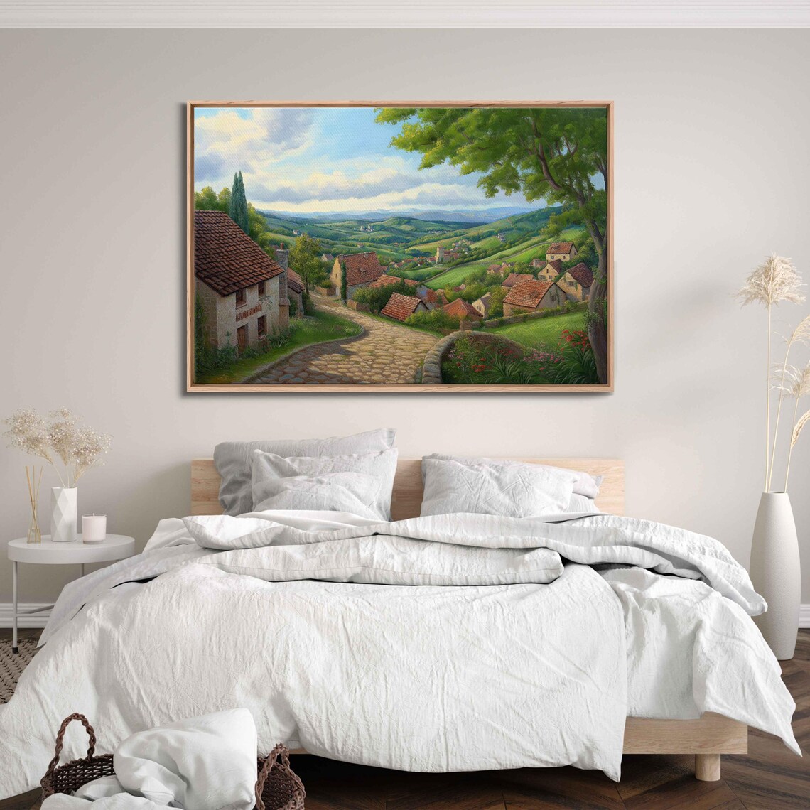 Quaint European Village Cobblestone Street Lush Green Valley Poster