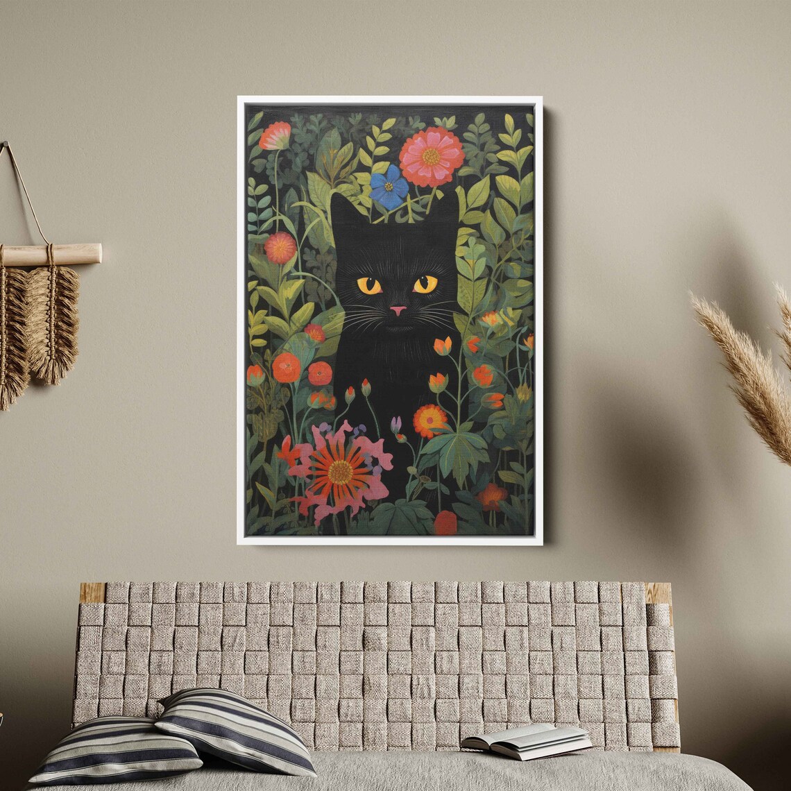 Black Cat With Golden Eyes Hiding Among Colorful Flowers Art Print