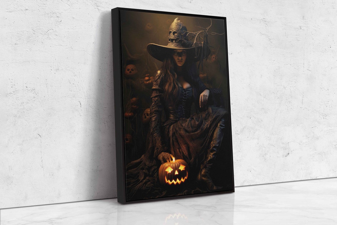 Dark Witch With Glowing Jack O Lantern Gothic Halloween Art Print - Image 4