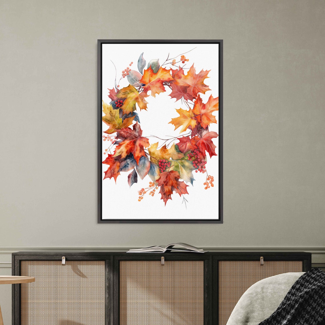 Fall Maple Leaf Wreath With Bright Red Berries Watercolor Art Poster - Image 3