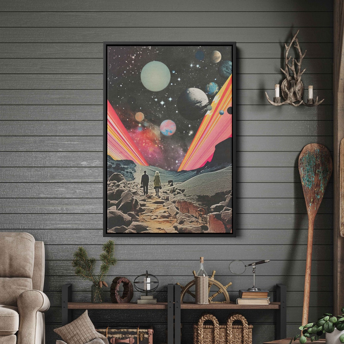 Surreal Space Collage Planets Rainbow Beams Rocky Path Retro Art Print - Image 3