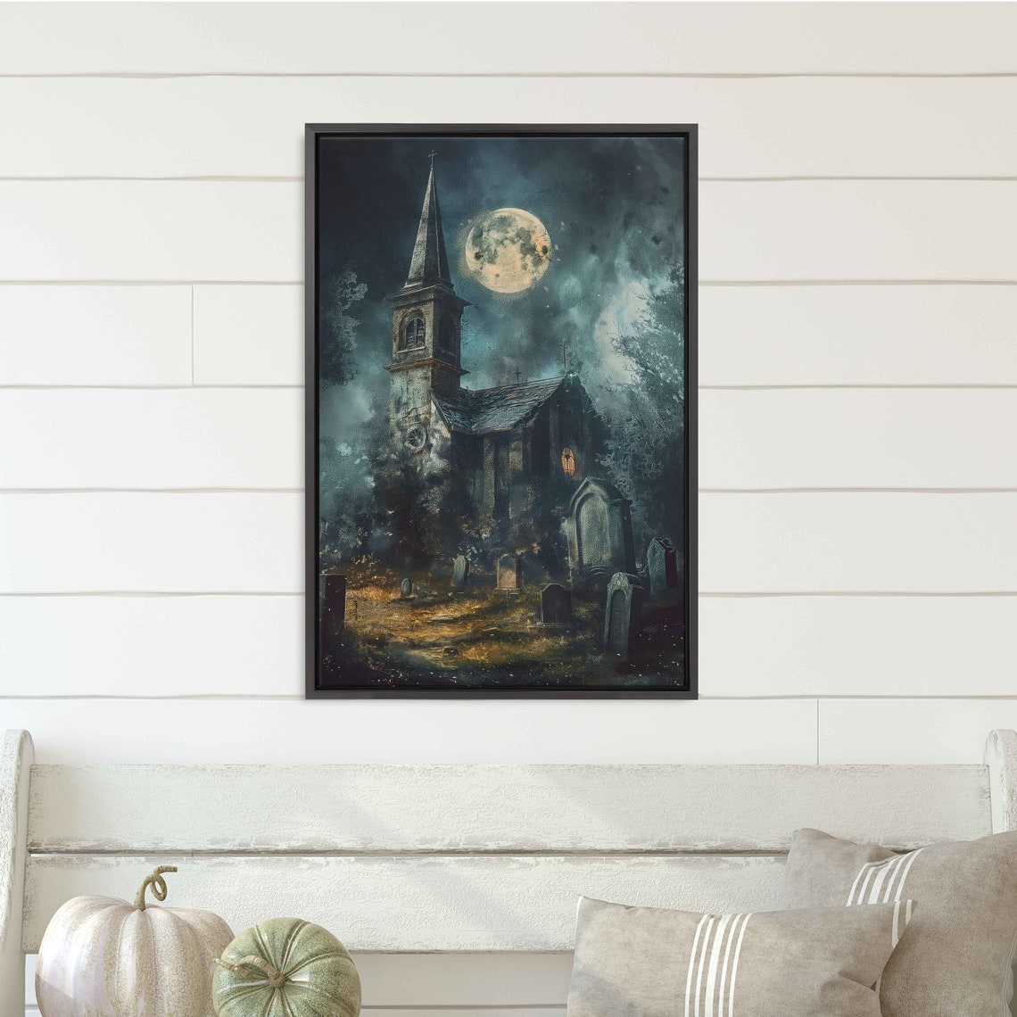 Eerie Abandoned Church Graveyard Full Moon Night Sky Halloween Print - Image 3