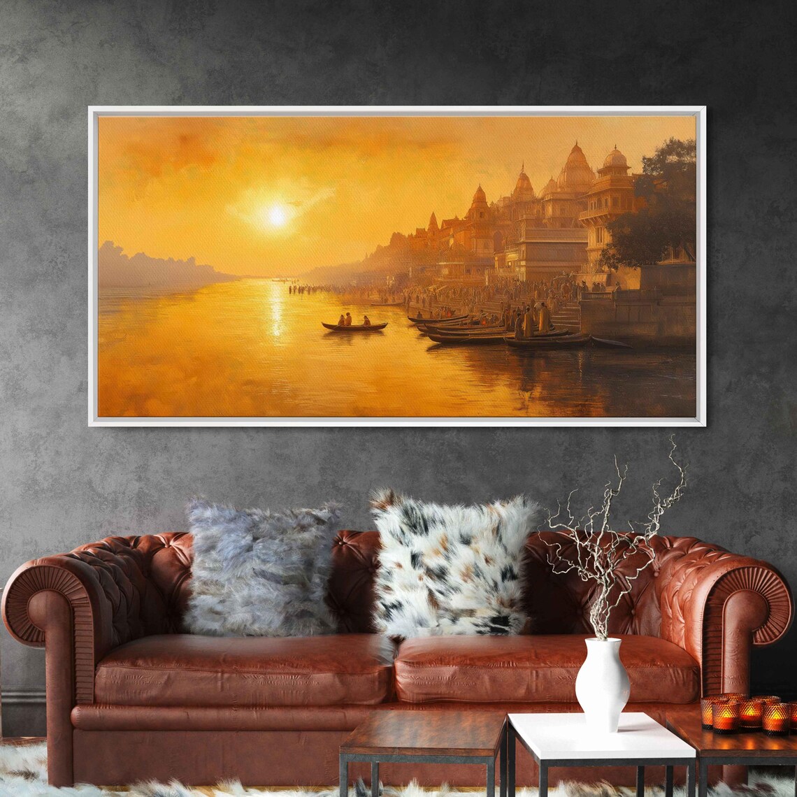 Ganges River India Sunrise Golden Ghats Boats Riverside City Travel Poster
