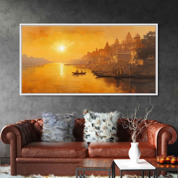 Ganges River India Sunrise Golden Ghats Boats Riverside City Travel Poster