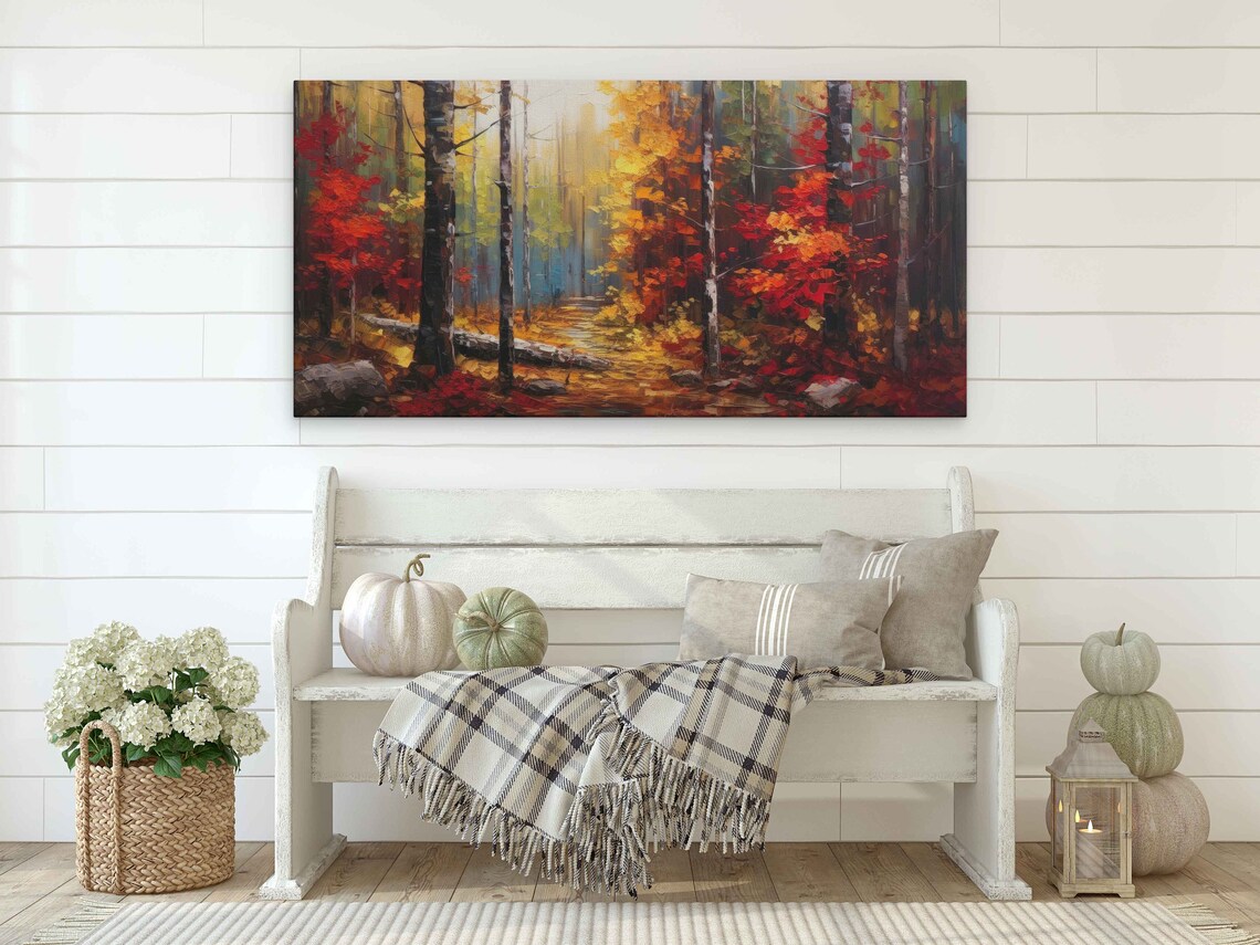 Autumn Leaves Forest Oil Painting, Rustic Wall Art Print - Image 2