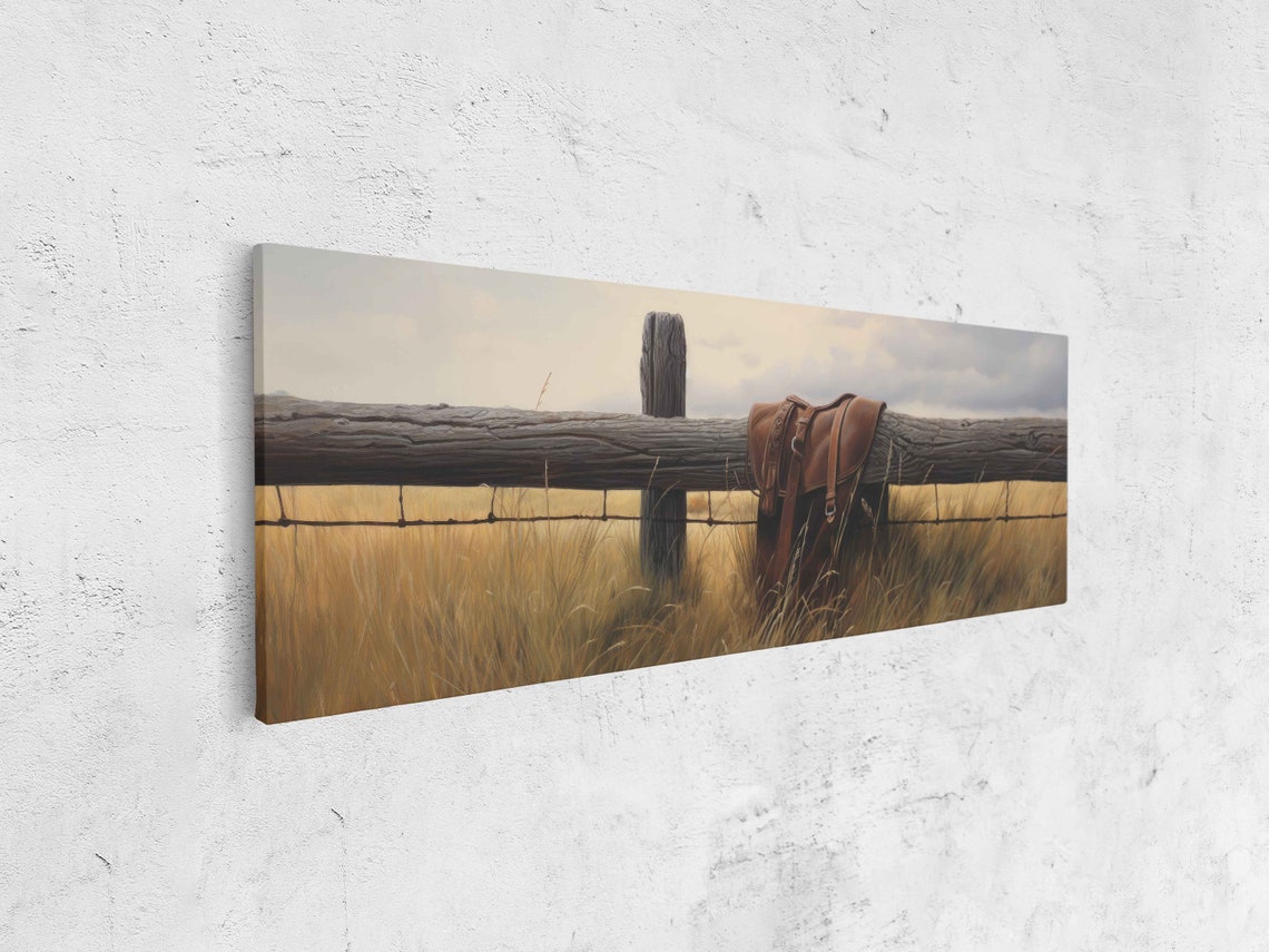 Leather Saddle Hanging on Wooden Fence Golden Prairie Field Print - Image 4