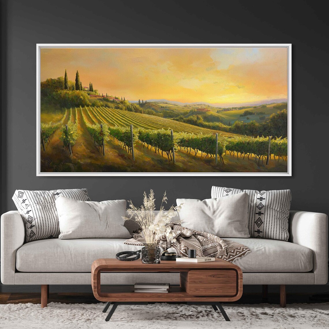 Idyllic Vineyard Landscape, Golden Sunset Rolling Hills