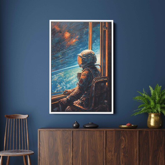 Astronaut Gazing Through Window at Earth Vibrant Space Painting Wall Art