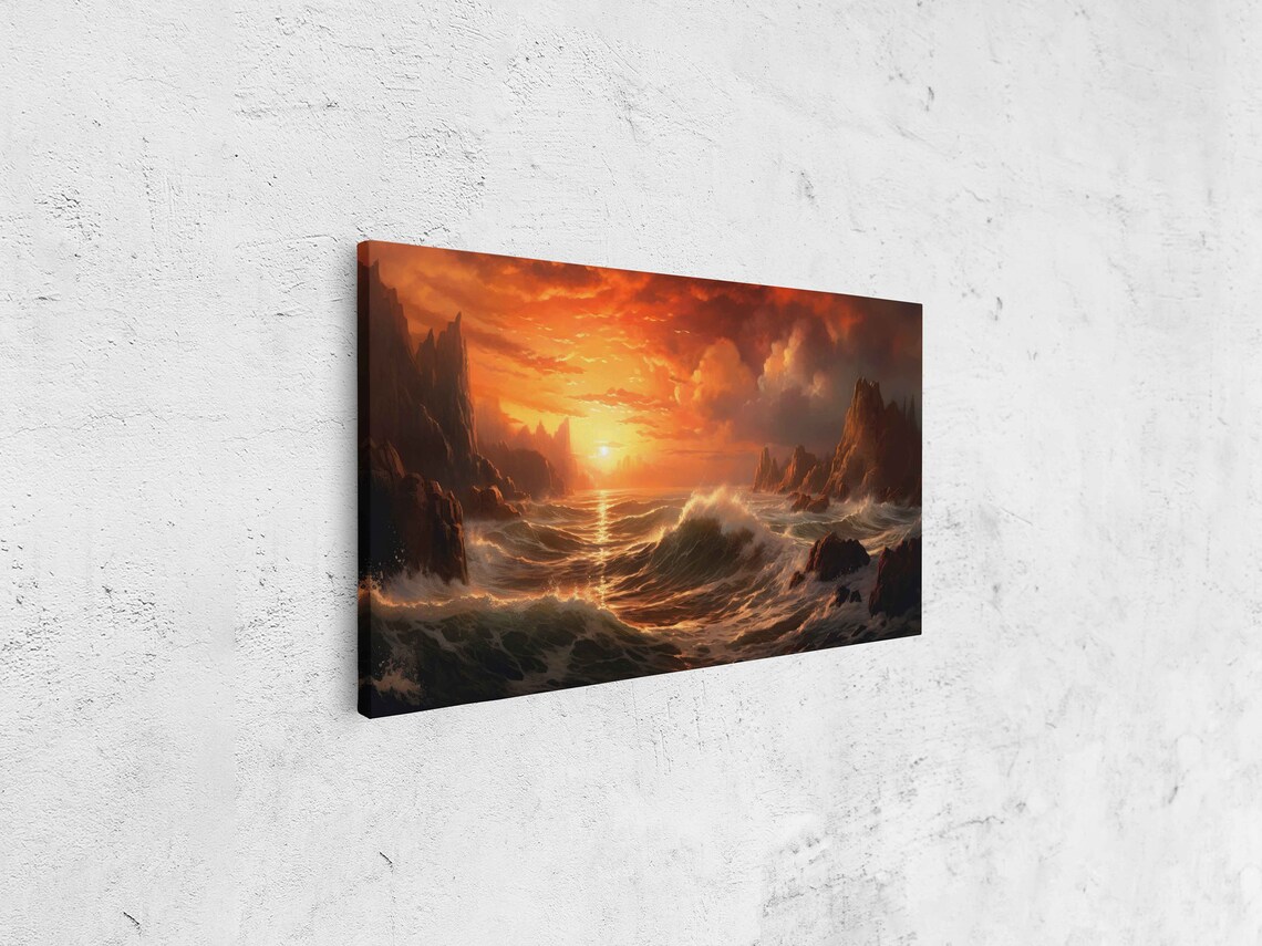 Crashing Ocean Waves at Sunset Rocky Cliffs Seascape Painting Poster - Image 4