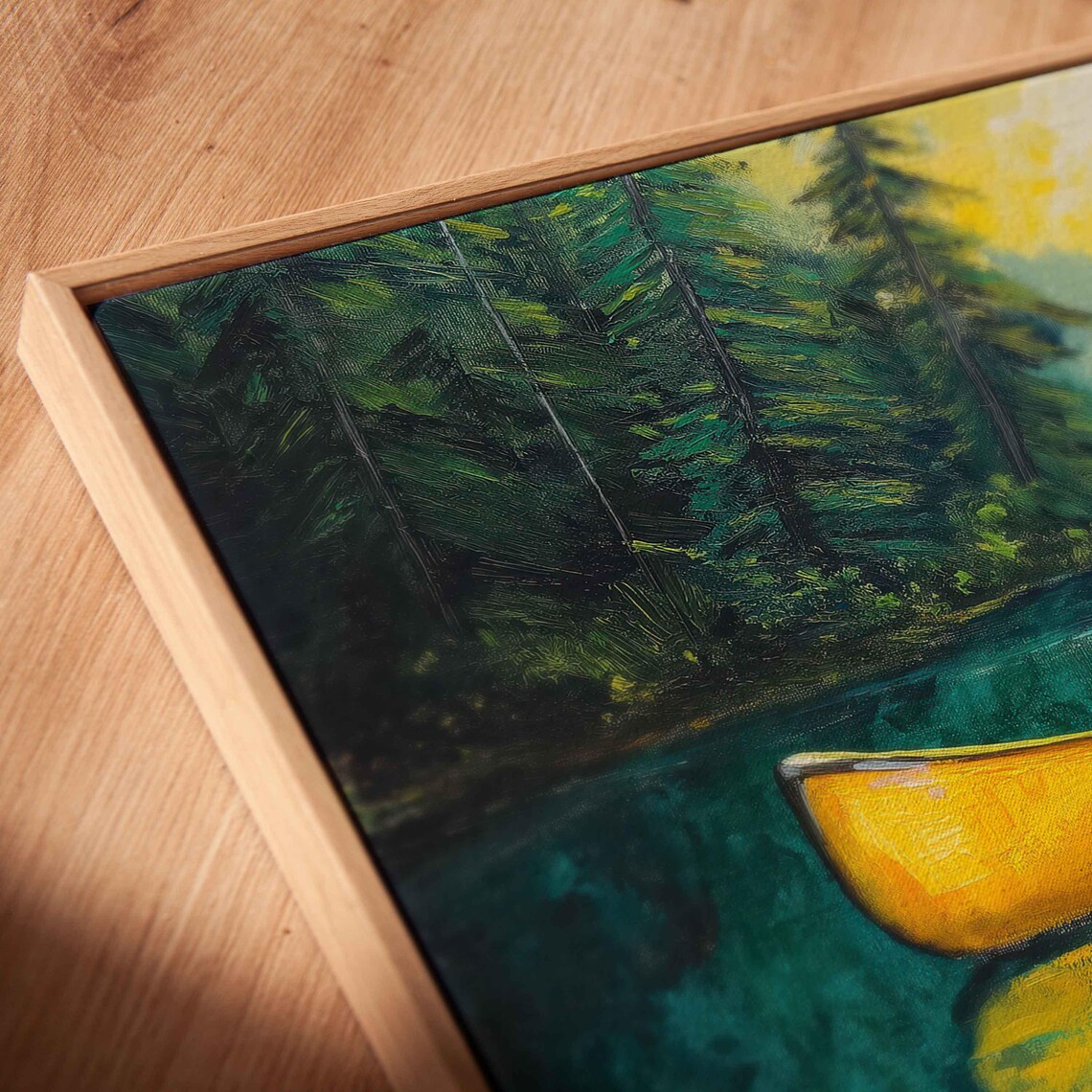 Bright Yellow Canoe on Serene Lake Art Print - Image 2