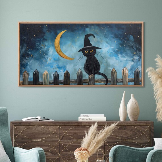 Black Cat in Witch Hat on Fence Crescent Moon Starry Night Wall Art