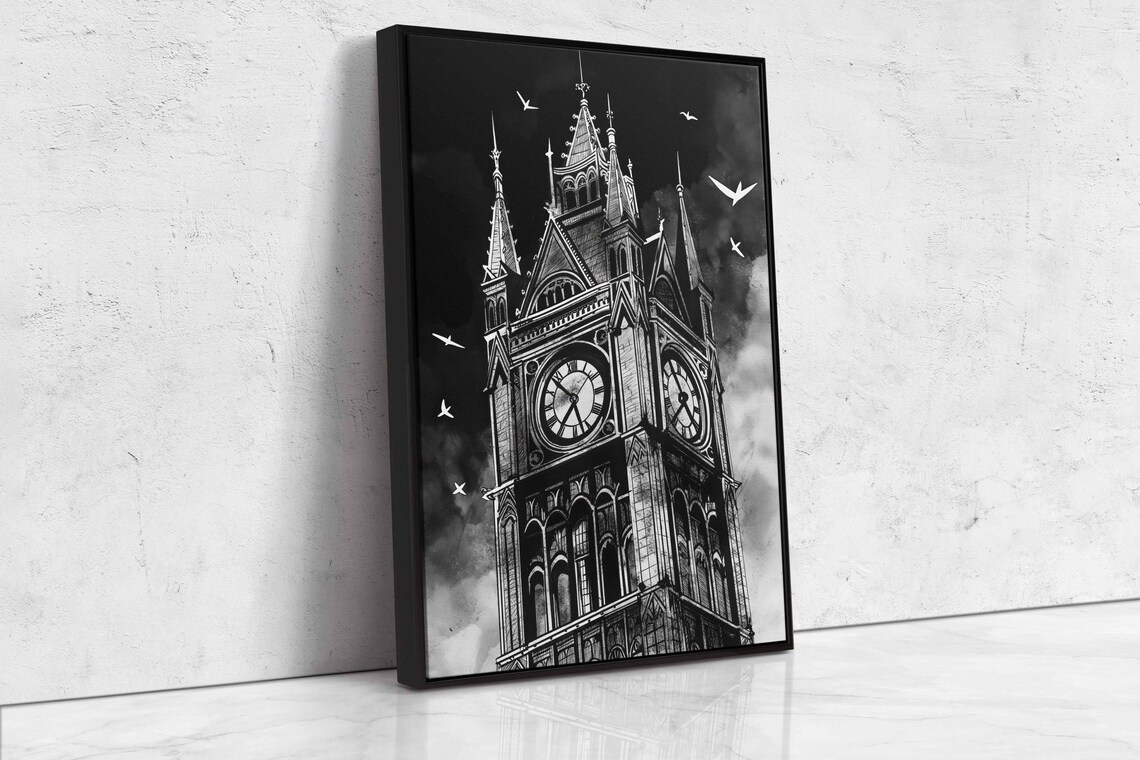 Old Eerie Gothic Clocktower In Foggy Night With Flying Bats Wall Poster - Image 4