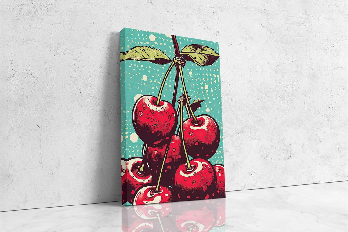 Red Cherries Pop Art Painting Retro Teal Dotted Background Wall Poster - Image 4