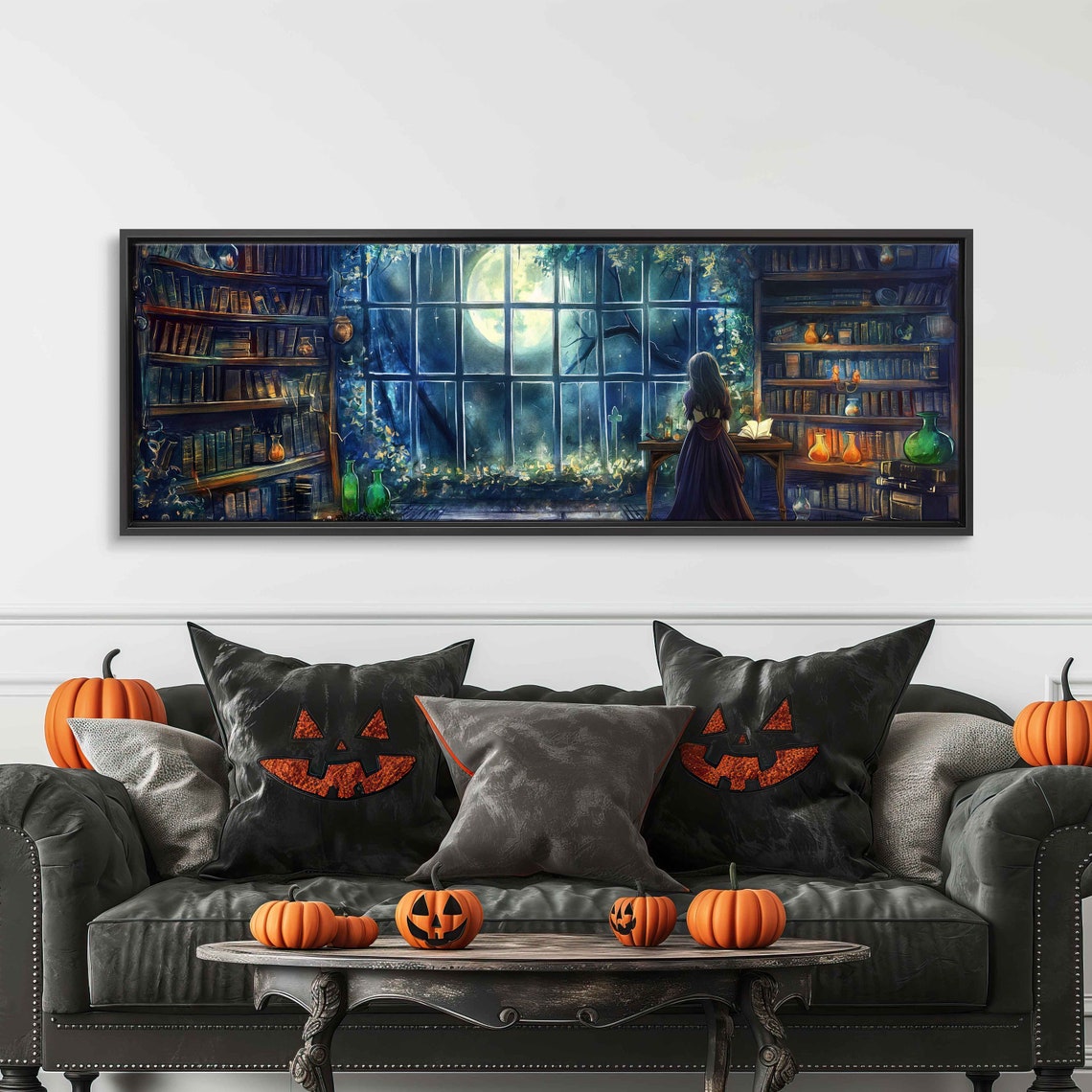 Witch Writing In Grimoire Library Overlooking Moonlit Forest Wall Art - Image 3
