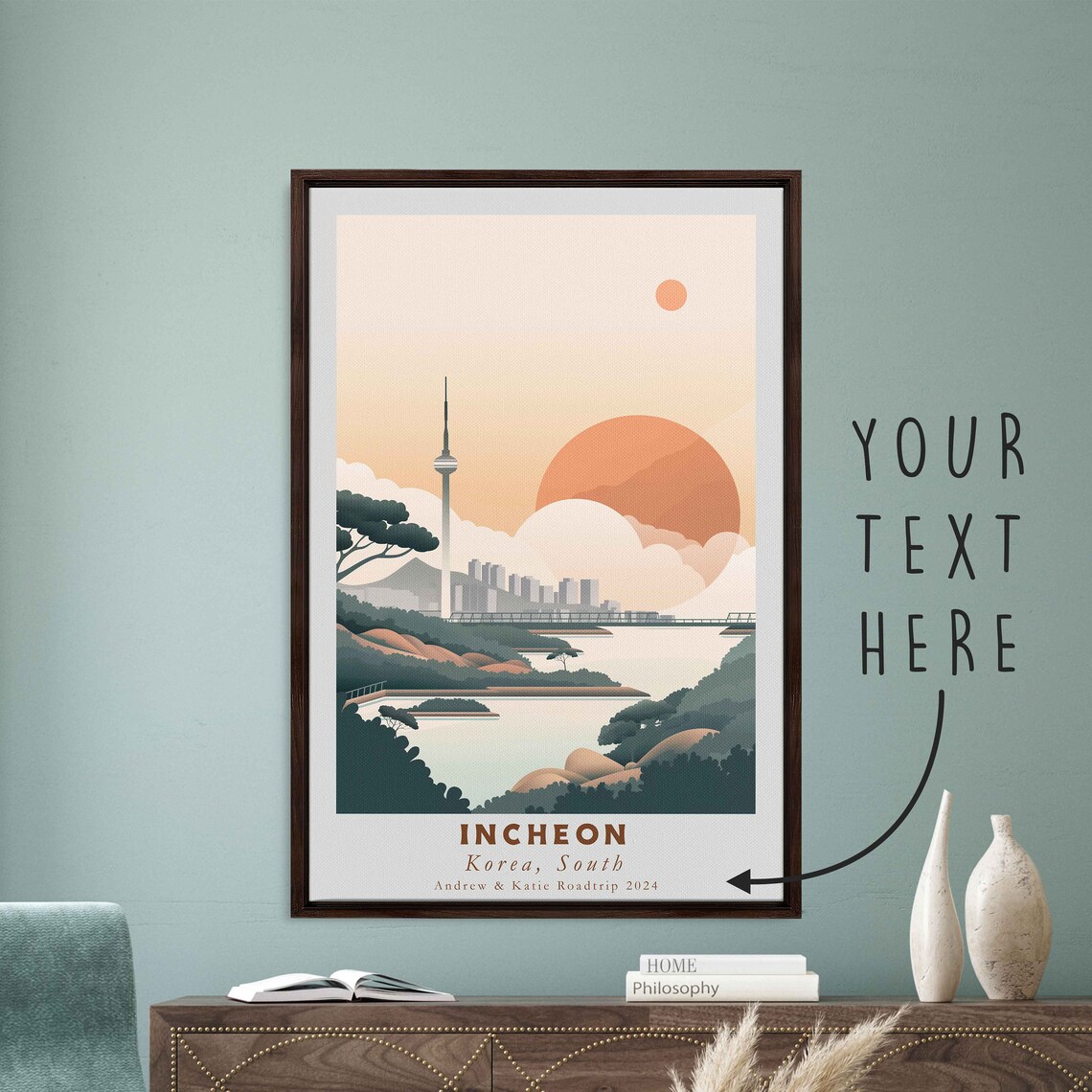 Incheon South Korea Waterfront Tower Sunset Retro Travel Poster - Image 3