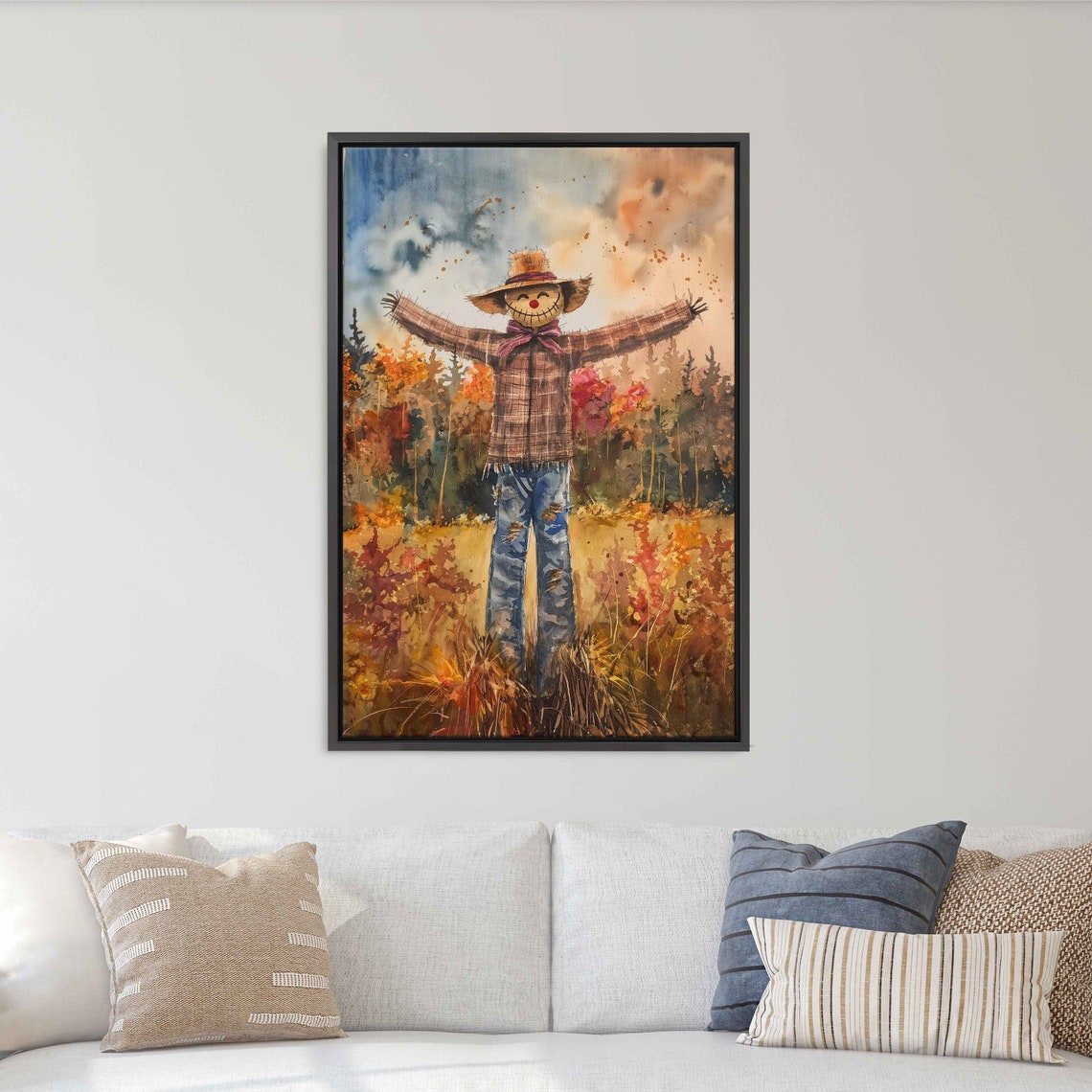 Friendly Scarecrow In Autumn Field With Straw Hat Watercolor Poster