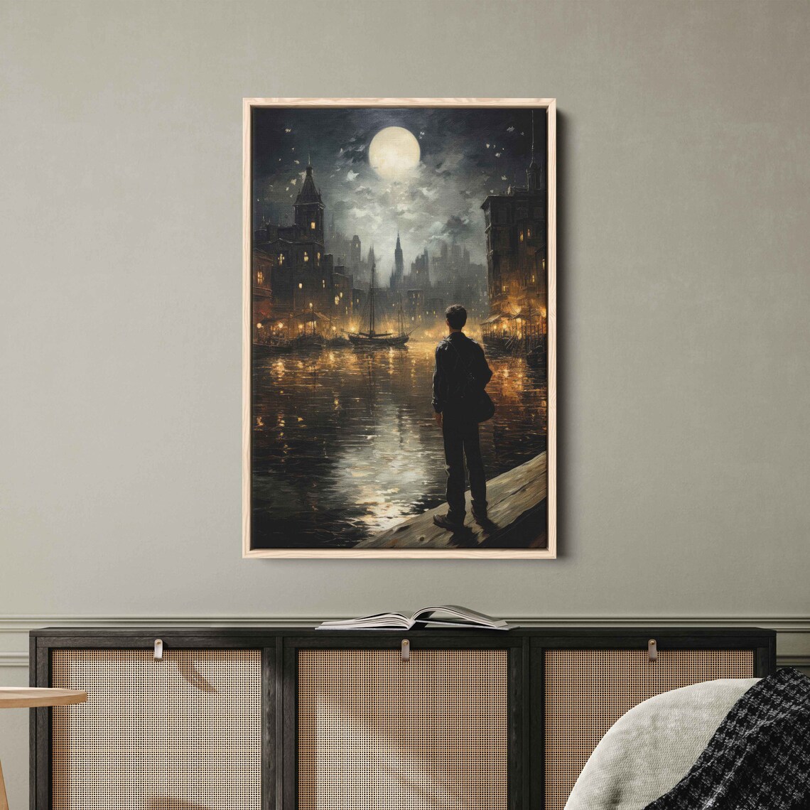 Moonlit Old Harbor City Night Sailboats Lonely Traveler Travel Poster - Image 2