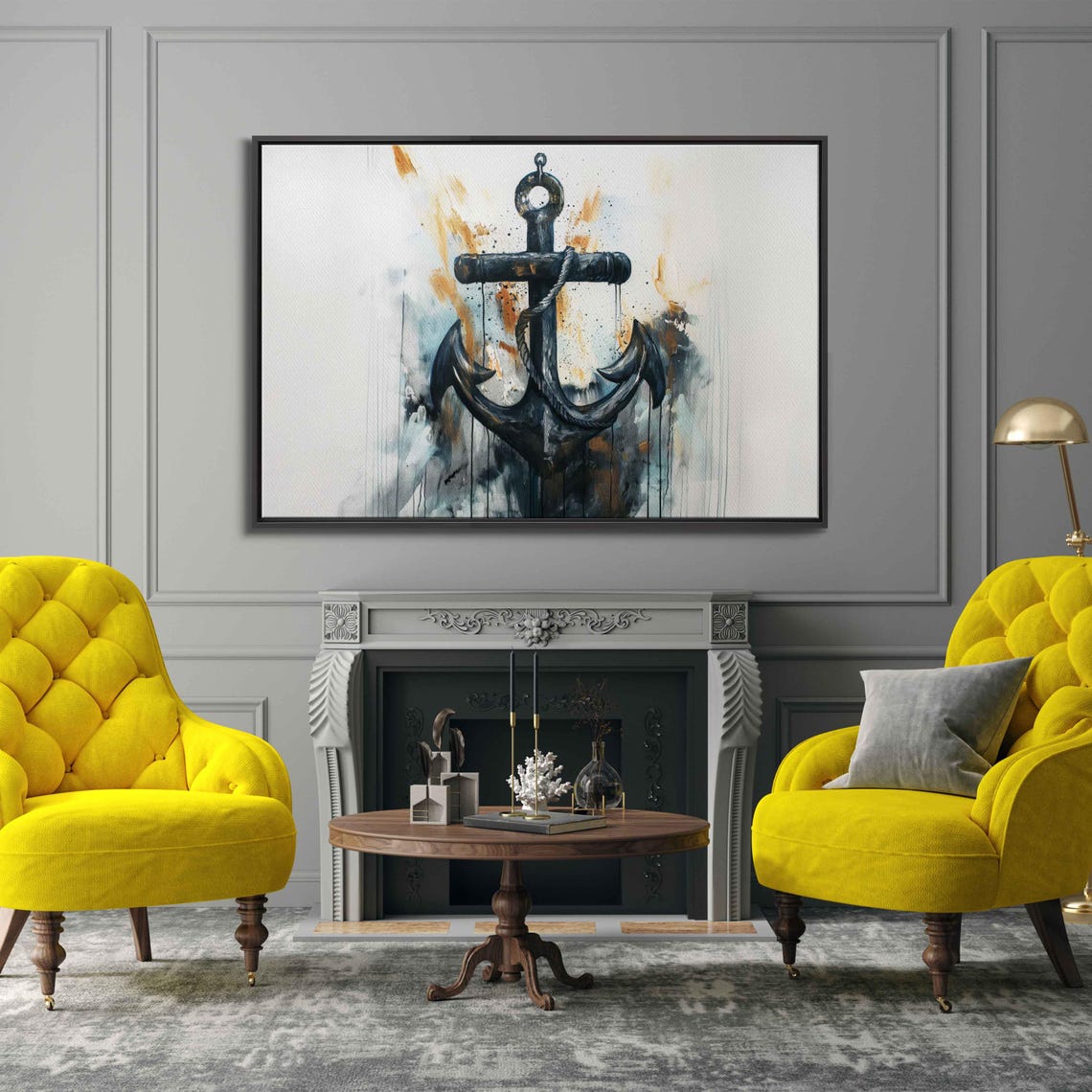 Black Ship Anchor Rust Gold Splashes White Background Wall Poster