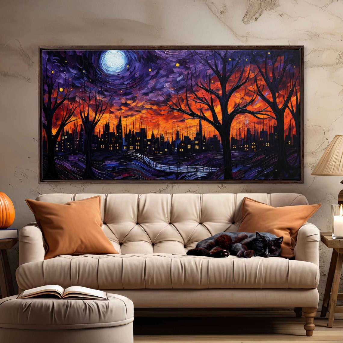 Starry Night Van Gogh Inspired Halloween Wall Art Print Spooky Town Ready To Hang