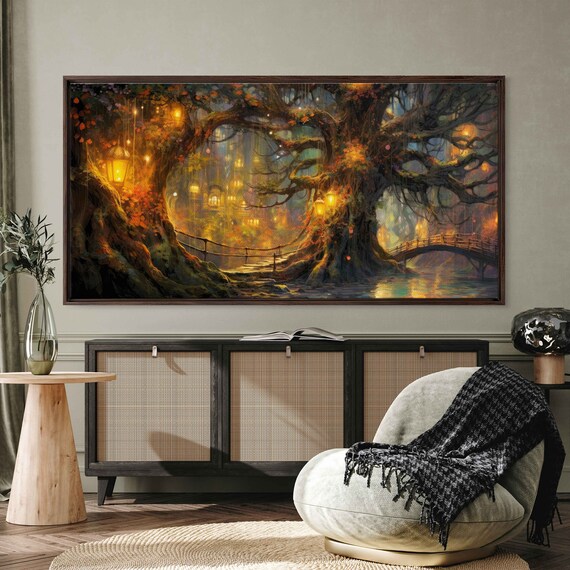 Enchanted Forest Village Winding Wooden Bridges Fireflies Fantasy Art Wall Art Print Ready To Hang Panoramic Painting