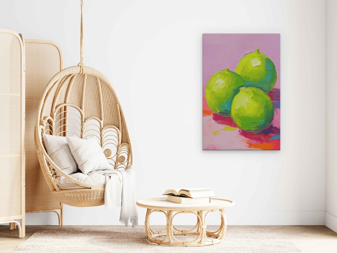 Fresh Green Limes On Pink Background Palette Knife Kitchen Art Poster - Image 4