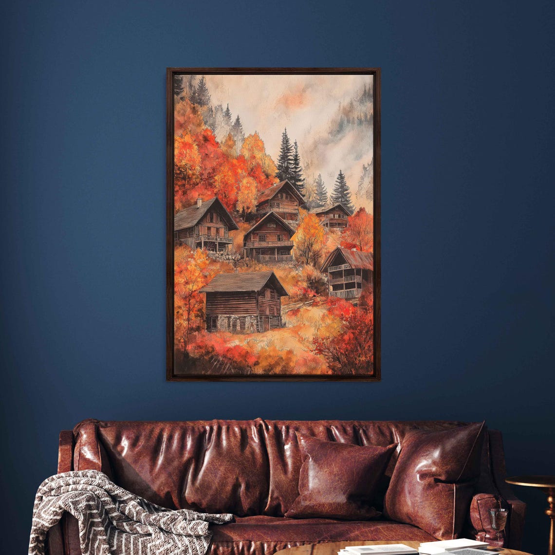 Mountain Village Chalets Autumn Foliage Watercolor Cozy Alpine Poster