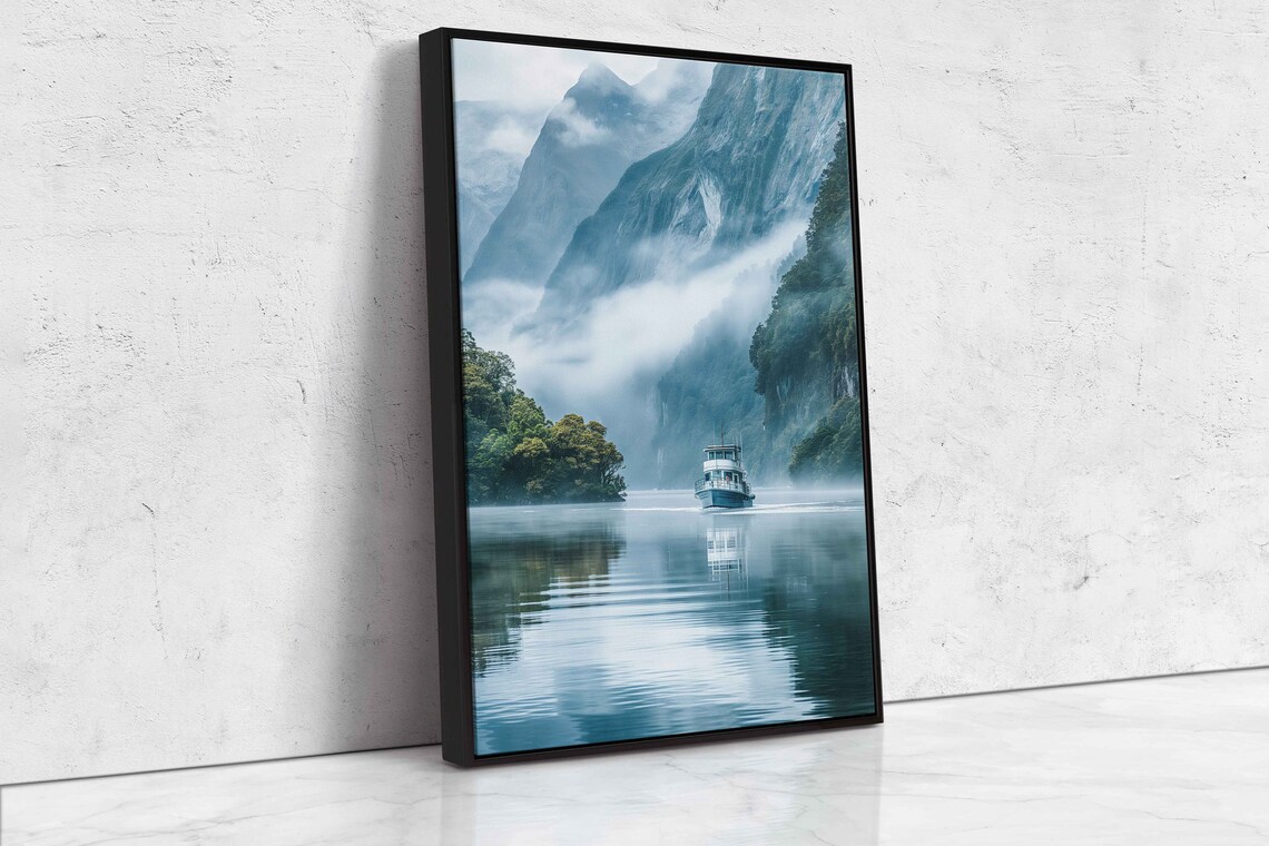 Misty Mountain Fjord Lake Boat Reflection Serene Travel Photography Poster - Image 4