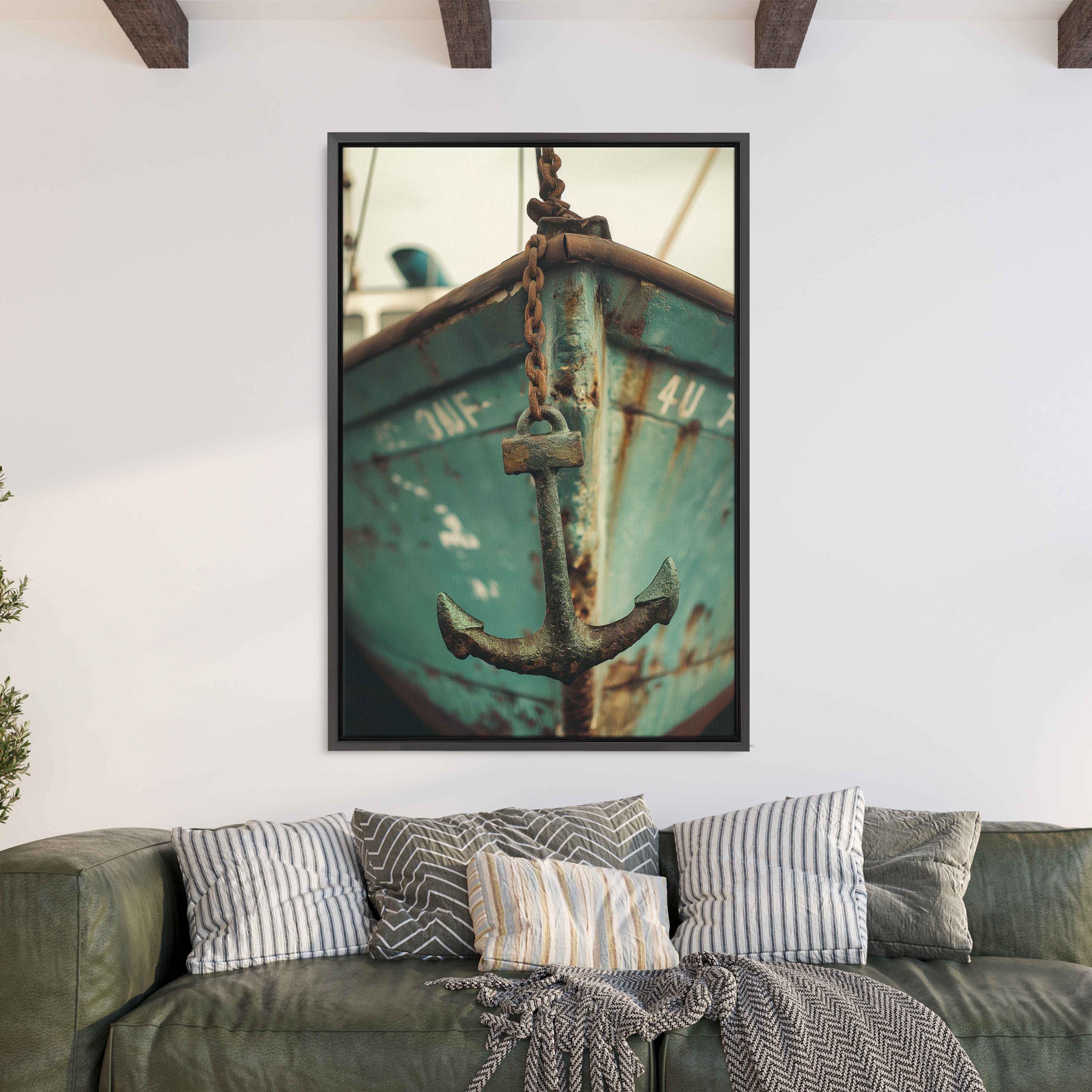 Rusty Anchor With Chain Hanging Off Weathered Teal Boat Bow Poster