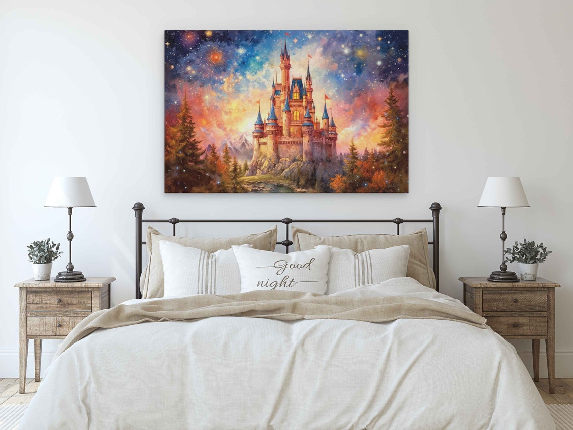 Fairy Tale Castle Blue Spires Pine Forest Starry Sunset Wall Poster - Image 3