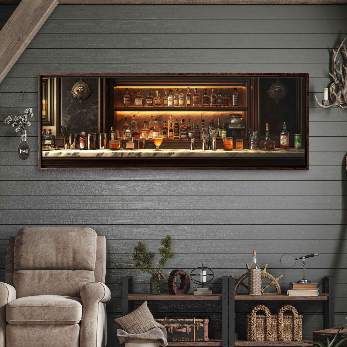 Elegant Backlit Home Bar Bottle Display Night Panoramic Poster