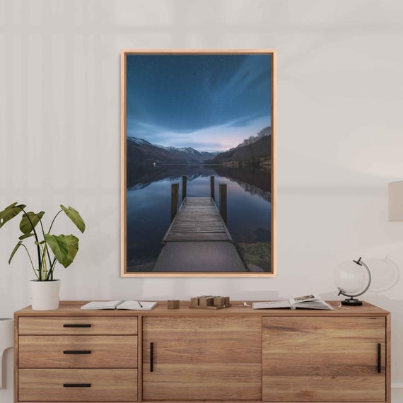 Starry Night Over Mountains Wall Art Print Ethereal Lake Reflection Hdr Long Exposure