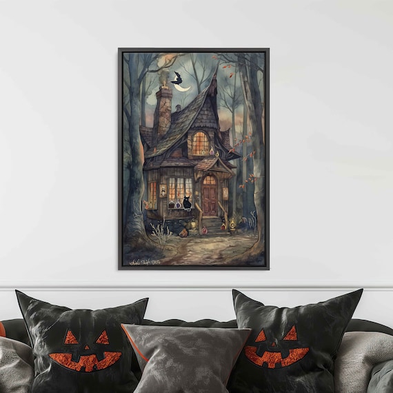 Cozy Witch Cottage Woods Black Cat Flying Broom Moon Halloween Print