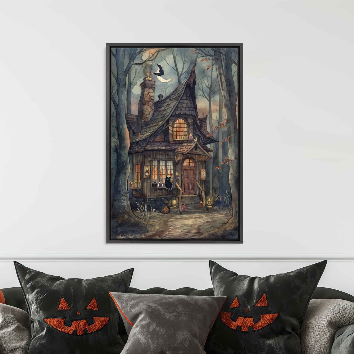 Cozy Witch Cottage Woods Black Cat Flying Broom Moon Halloween Print