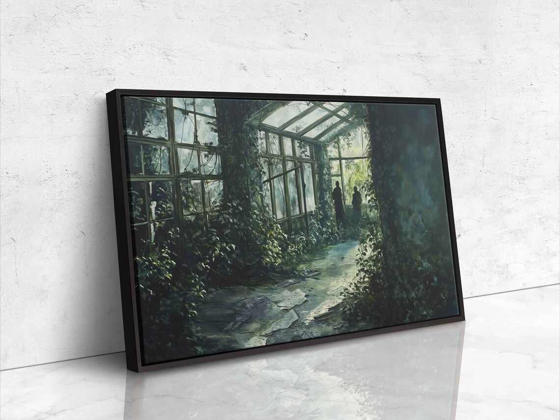 Ghostly Figures In Overgrown Greenhouse Foggy Night Halloween Art - Image 4