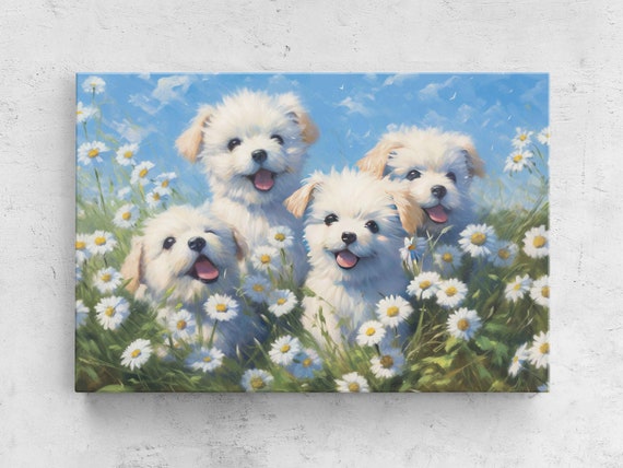 Pack Of Cute Puppies In A Bed Of Daisies Painting Framed Print Ready To Hang Happy And Uplifting Art