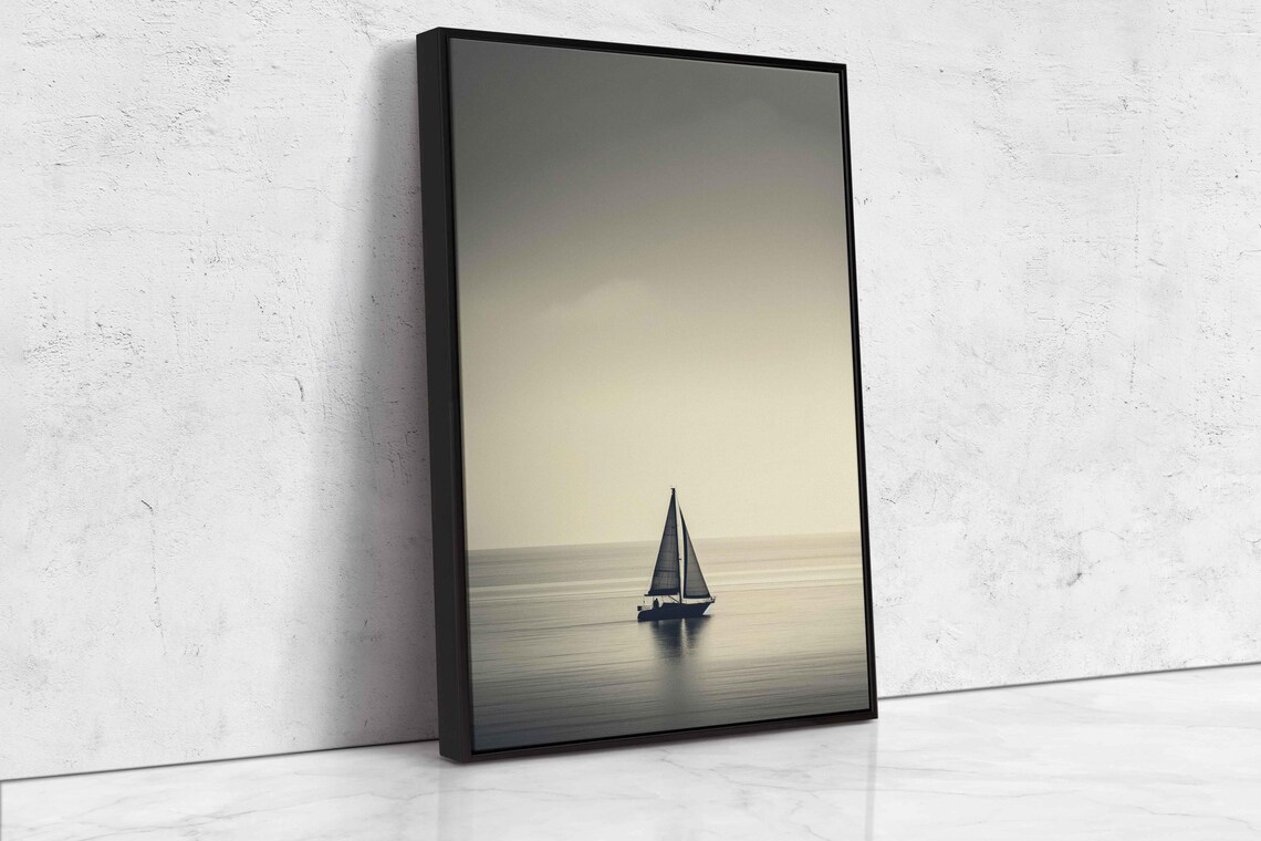 Minimalist Sailboat Silhouette On Calm Ocean Monochrome Nautical Art Poster - Image 4