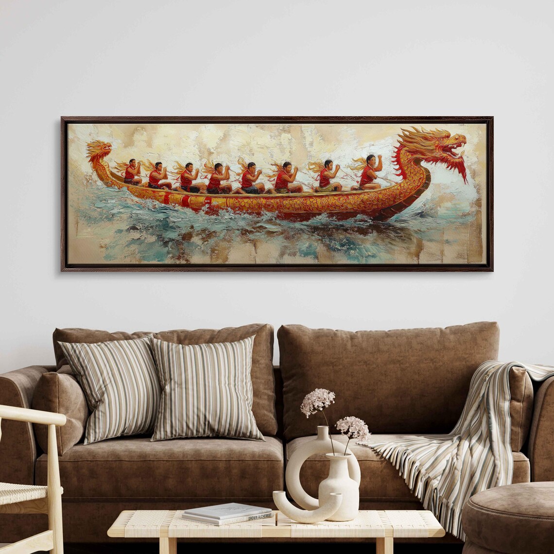 Chinese Dragon Boat Racing Golden Dragon Panoramic Oil Painting Poster - Image 3