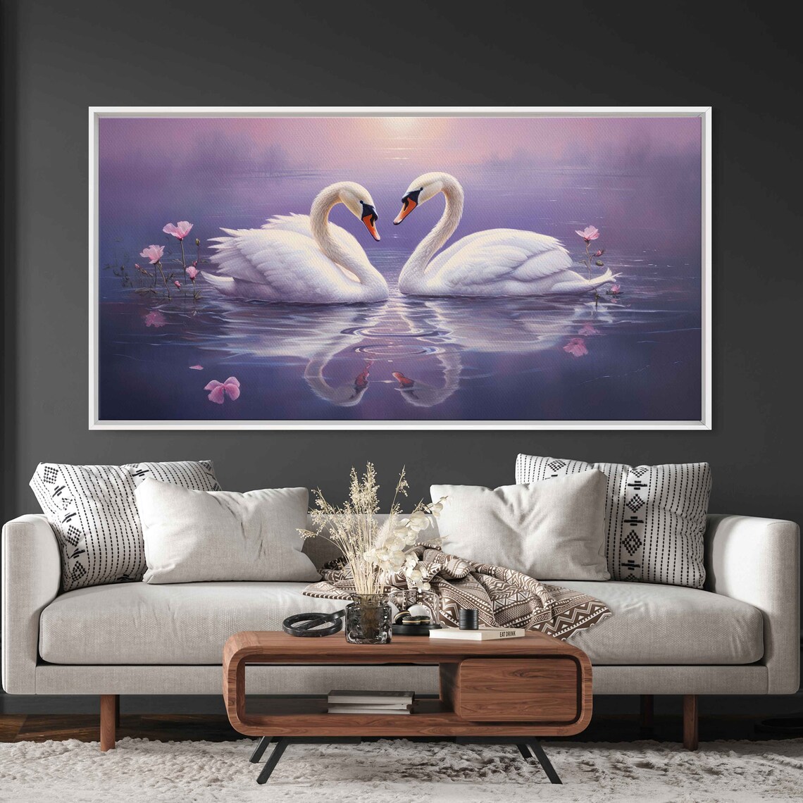 Swan Couple Heart Shape Purple Pond Pink Petals Love Art Poster
