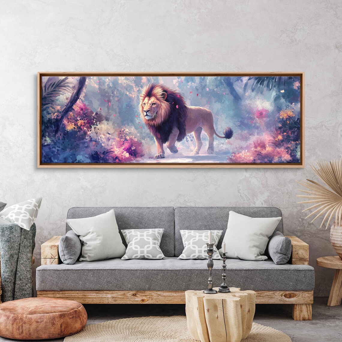 Lion Walking Through Ethereal Pastel Forest Fantasy Blossom Art Poster - Image 3