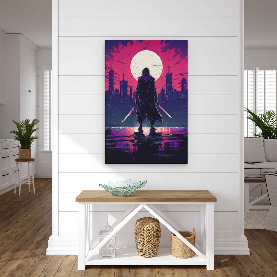 Samurai Dual Katanas Neon Pink Skyline Full Moon Reflection Art Print - Image 3