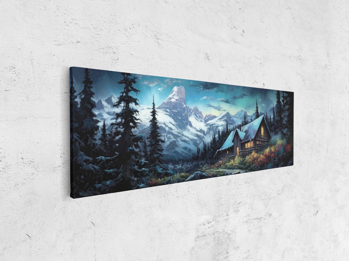 Snowy Mountain Cabin Teal Starry Night Sky Aurora Glow Winter Art Poster - Image 4