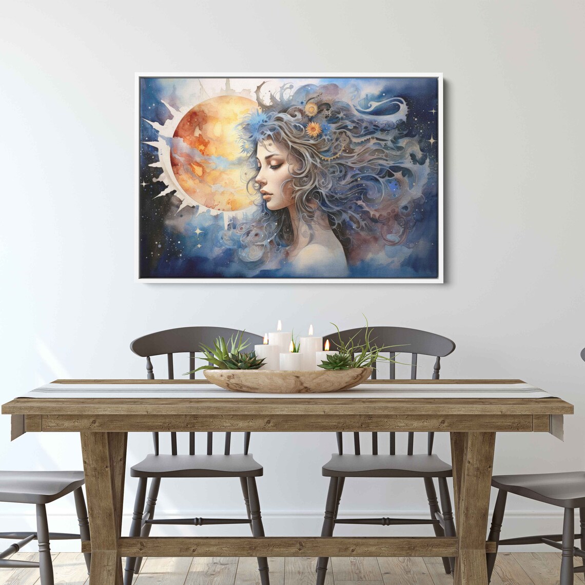 Celestial Goddess Woman Watercolor Moon Sun Stars Wall Art Print - Image 2